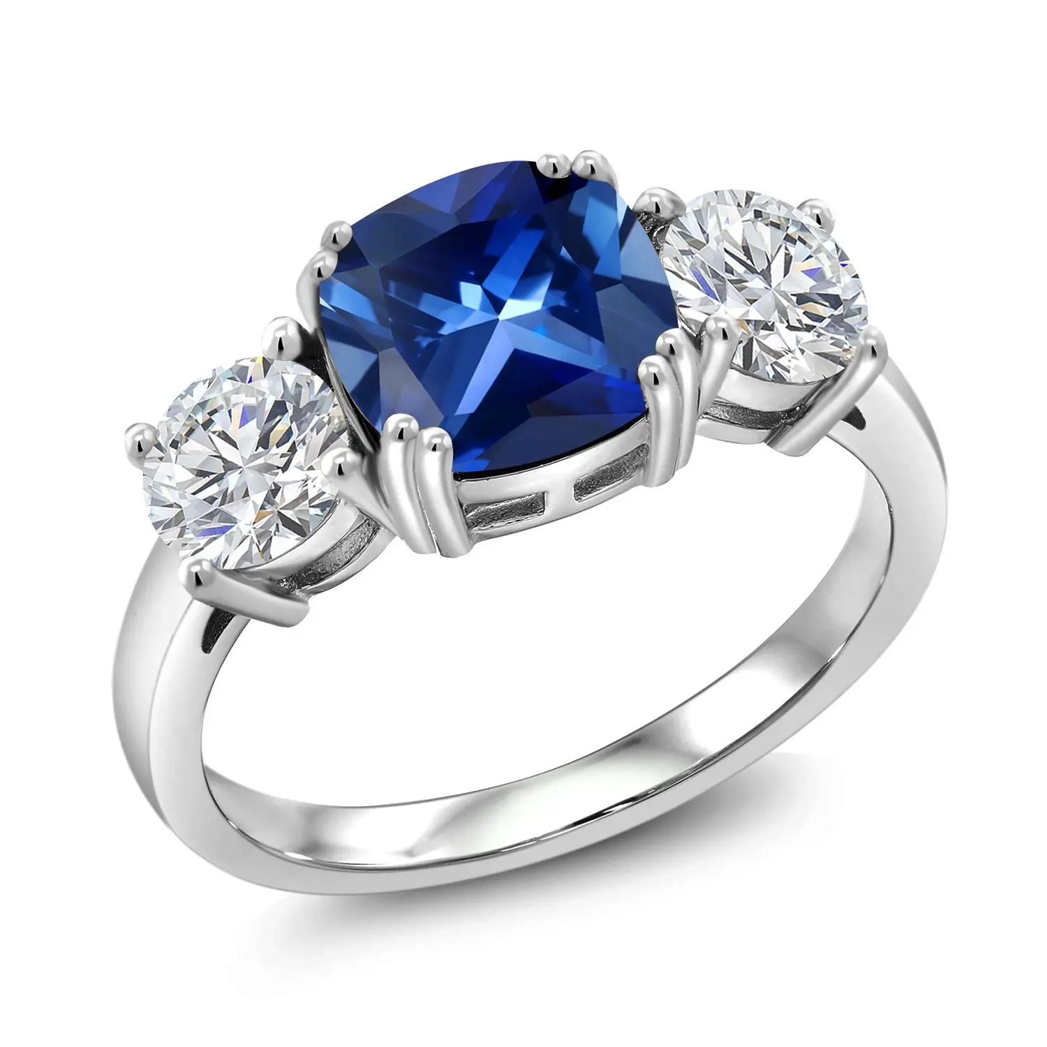 925 Sterling Silver Blue Created Sapphire and Lab Grown Diamond Engagement Ring For Women | 3.50 Cttw | Cushion 8MM | Gemstone September Birthstone