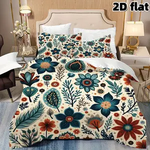 2D Flat 3Pcs Bohemian Floral Duvet Cover Set - Teal Blue Orange Flower Pattern Bedding with 2 Pillow Shams - Vintage Folk Art Style Comforter Cover - Soft Microfiber Bedding for Master Bedroom Guest Room Home Decoration, Decorative Duvet Cover