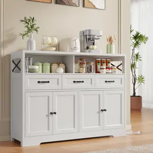 Gizoon 51" Buffet Cabinet with Adjustable Storage, Charging Port - 3 Drawers & 4 Doors Large Sideboard, Multi - Scene Coffee Bar/Microwave Stand for Kitchen,Living Room,Entryway（White）