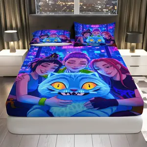 3Pcs  Cyberpunk Cat Fitted sheet Three Piece Set (1*Fitted Sheet+2*Pillowcases, Coreless), Halloween theme, Futuristic Bedding Set, Mattress protector Soft, Breathable, Breathable Sheets