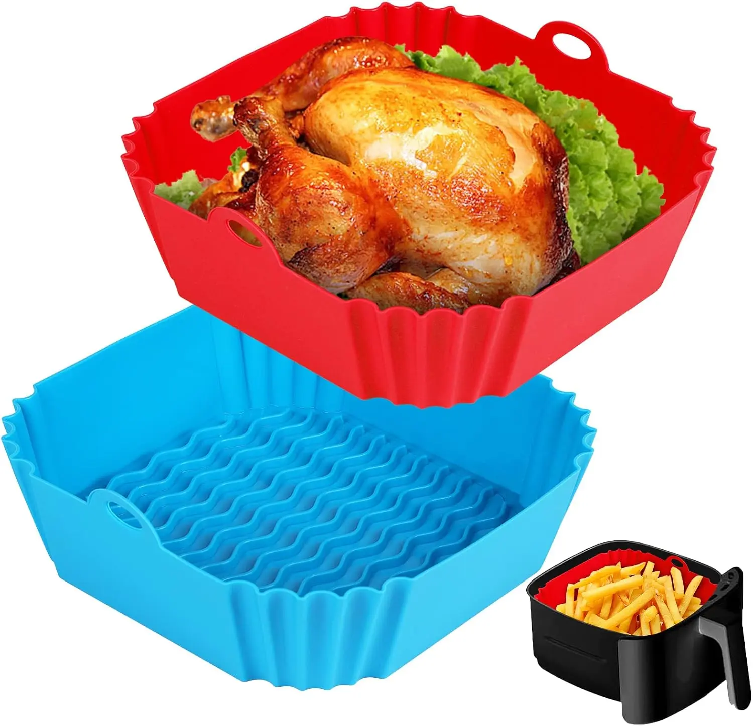 Boribim 2 PCS Square Silicone Air Fryer Liners - 8 Inch Reusable Air Fryer Pot - Air Fryer Accessories - Air Fryer Inserts for 4 to 7 QT Oven Microwave Accessories (Red + Blue)
