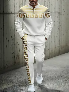 2025 Fashion New High-Quality Polyester Men's Long-Sleeved Sportswear Set 3D Printed Anti-Wrinkle Easy Care Half-Collared Top European American Style for Fitness Outdoor Leisure Golf Tennis