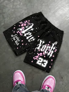 Men's shorts, loose-fitting and cropped style, elastic waistband for a comfortable fit, sequin detailing, Japanese-style cherry blossom pattern, soft and comfortable fabric, suitable for vacations or parties.