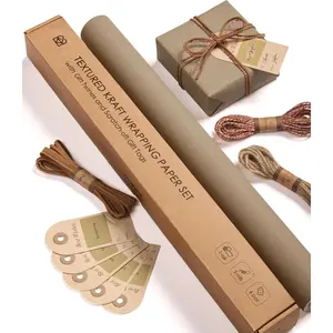 Textured Wrapping Paper Set 17" Roll Twine Ribbons & Tags Extra Thick -in- Neutral Tan  Christmas  Wrap Birthday  Shower Wedding Crafts  Minimalist Housewarming Flower Book