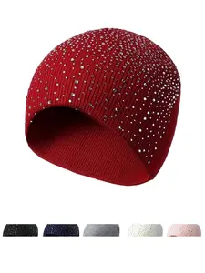 Starry Rhinestone Knitted Hat, Fitted Woven Acrylic Cap, Casual Elegant Street Style, Stylish Hat, Perfect for Autumn Winter Valentine's Day, Knit Hats