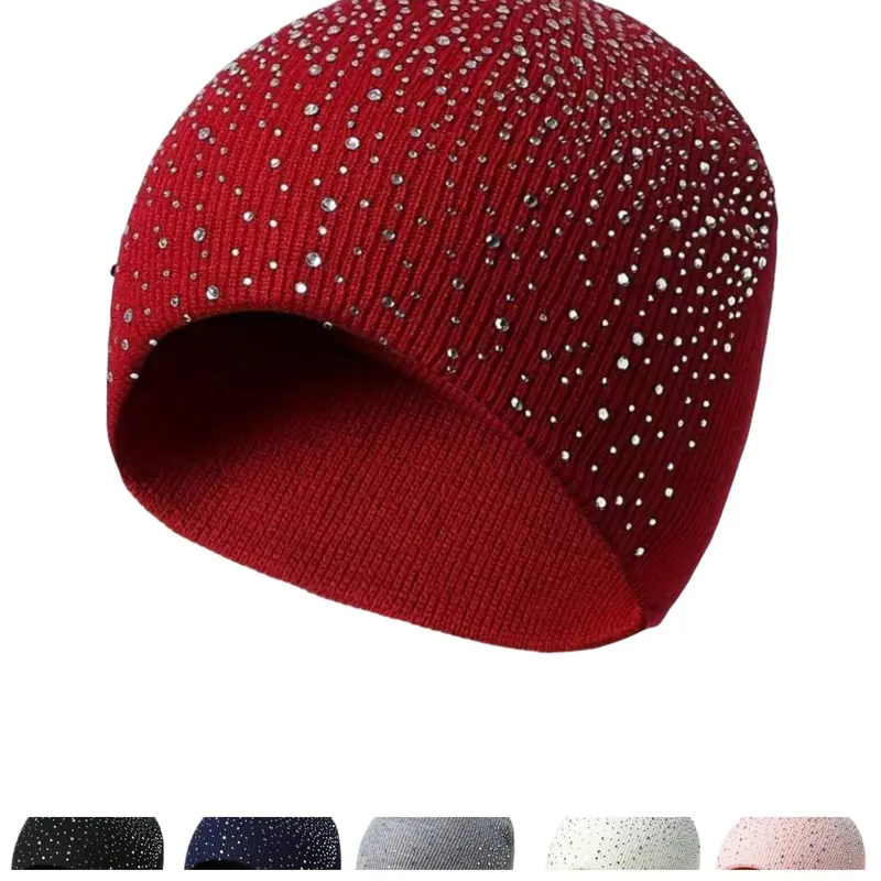 Starry Rhinestone Knitted Hat, Fitted Woven Acrylic Cap, Casual Elegant Street Style, Fashion Beanie, Perfect for Autumn Winter Valentine's Day