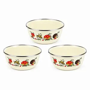 3-Piece Vintage Mushroom Enamel Bowl Set, 6.3-Inch Cream Serving Bowls with Stainless Steel Rims for Salad, Fruit, Snacks, Food Prep & Leftovers Tableware