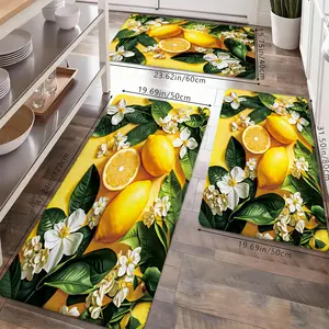Fresh Lemon Kitchen Rugs Set, Non-Slip Washable Floor Mats, Yellow Lemon & White Floral Print Runner Carpets for Kitchen, Bathroom & Farmhouse Decor