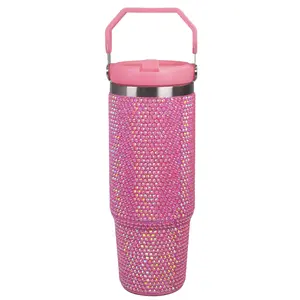 Cupcupmore 30 oz Pink Bling Rhinestone Stainless Steel Glitter Sippy Tumbler Vacuum Insulated Thermal Water Bottle with Flip Straw & Lid &Handle, Leakproof Sparkly Car Cup Holder for Drinks & Coffee, Keeps Cold 12 Hours for Office, Gym, Travel