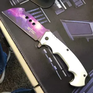 EDC Tactical Tool Knife,Cleaver Pocket Folding Knife with psychedelic purple solar system Steel Blade and Carbon Fiber Handle for Men Outdoor, Camping and FathersDayGift