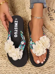 Stylish Plus Size Floral Flip Flops for Women, Thick Soled Comfortable Beach Sandals for Outdoor & Indoor, Cushioned Yoga Mat Design for Summer