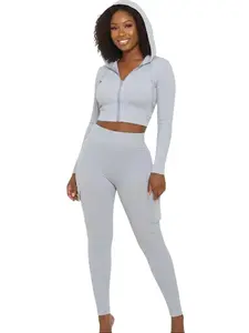 2PC Dual Sized Cargo Leggings Seamless Set with Drawstring Long Sleeve Zip Hoodie