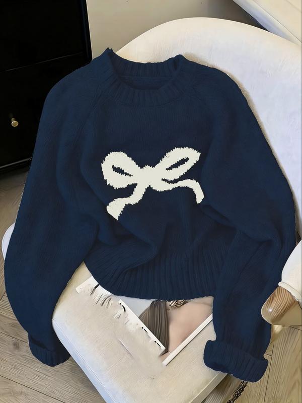 Elegant Women's Loose Bow Embroidered Moire Sweater, Casual Round Neck Long Sleeve Knitwear, Spring & Fall Fashion