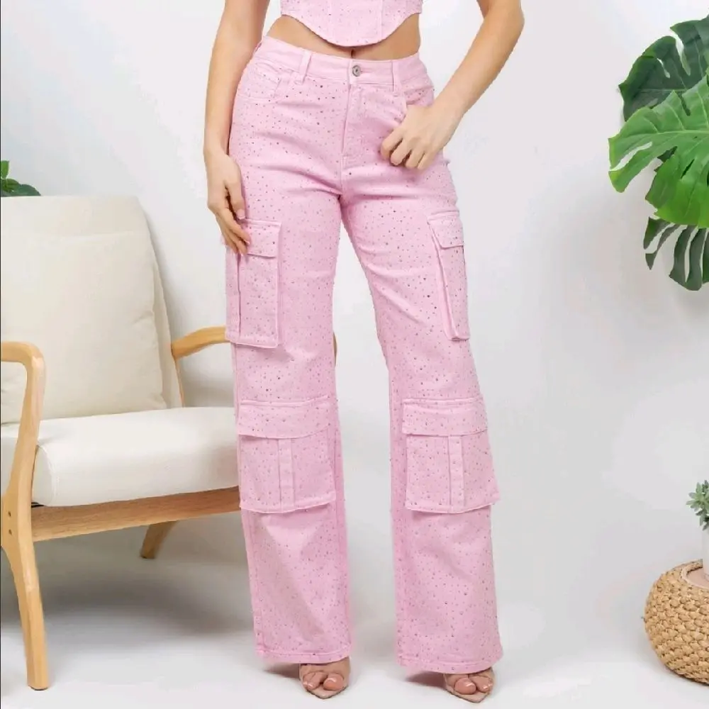 Cargo-Style Denim Pants with Rhinestones