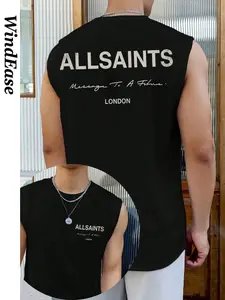 Allsaints London Print Sleeveless Tank Top, Streetwear Casual Muscle Tee, Loose-Fitting Long Top, H-Type Silhouette, No Button or Zipper