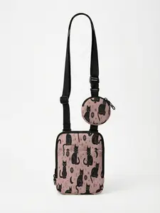 1 piece of 2D printed crossbody bag with black cat magic pattern, lightweight portable tote-bag set designed for women, perfect for students, fashion lovers and short trips with both stylish look and practicality