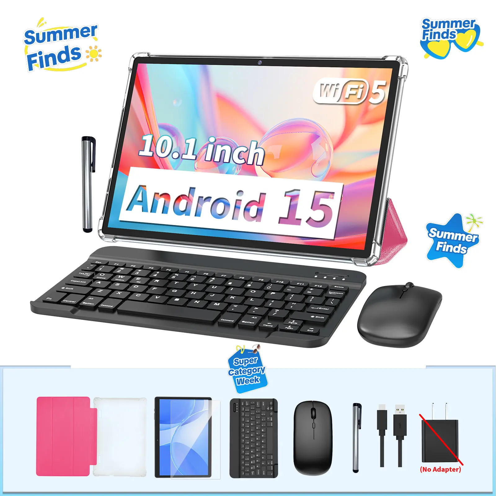 【SummerTurnUp】PYNAREL 10.1 Inch Android 15 Touch Tablet, Back to School Wireless Bundle with Keyboard, Mouse, Case, Stylus, Dual Camera (Summerwins)