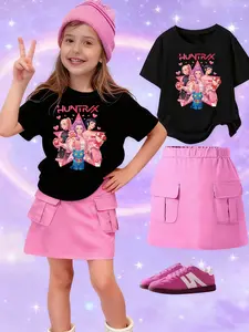 Girls' K-Pop Theme Print T-Shirt & Short Skirt Set, Casual Fitted Two Piece, All Seasons Fashion, Birthday Gift