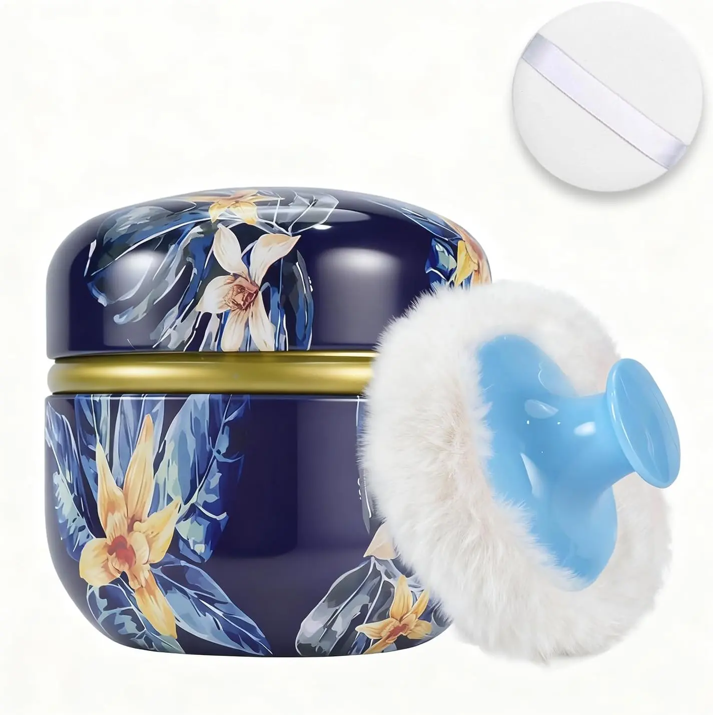 Body Powder Puff and Container Set, 3.15-inch Dark Night Tinplate Case with 2 Beauty Puffs, Leak-Proof Refillable Travel Box for Women's Loose Makeup or Body Powder, Makeup Powder Puff, Beauty Puff