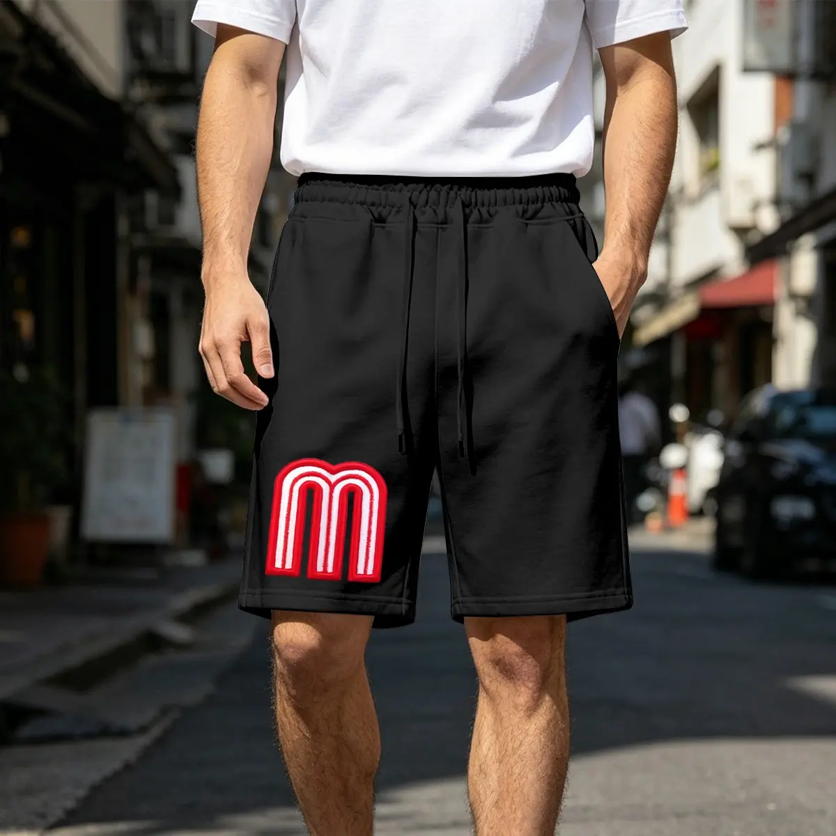 Unisex Polyester Streetwear Active Sweat Shorts - Red, 3D M Print, Knee-Above Fitted Cut, Drawstring Waist, Pockets, Elastic, Casual Patchwork, Machine Washable, Sporty Sohochic