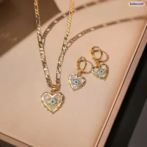 Aogu Cross-Border INS Fashion Necklace & Earrings Set, Copper-Plated Real Gold Devil’s Eye Pendant with Zircon, Trendy Love Jewelry for Women, Perfect for Casual & Party Wear