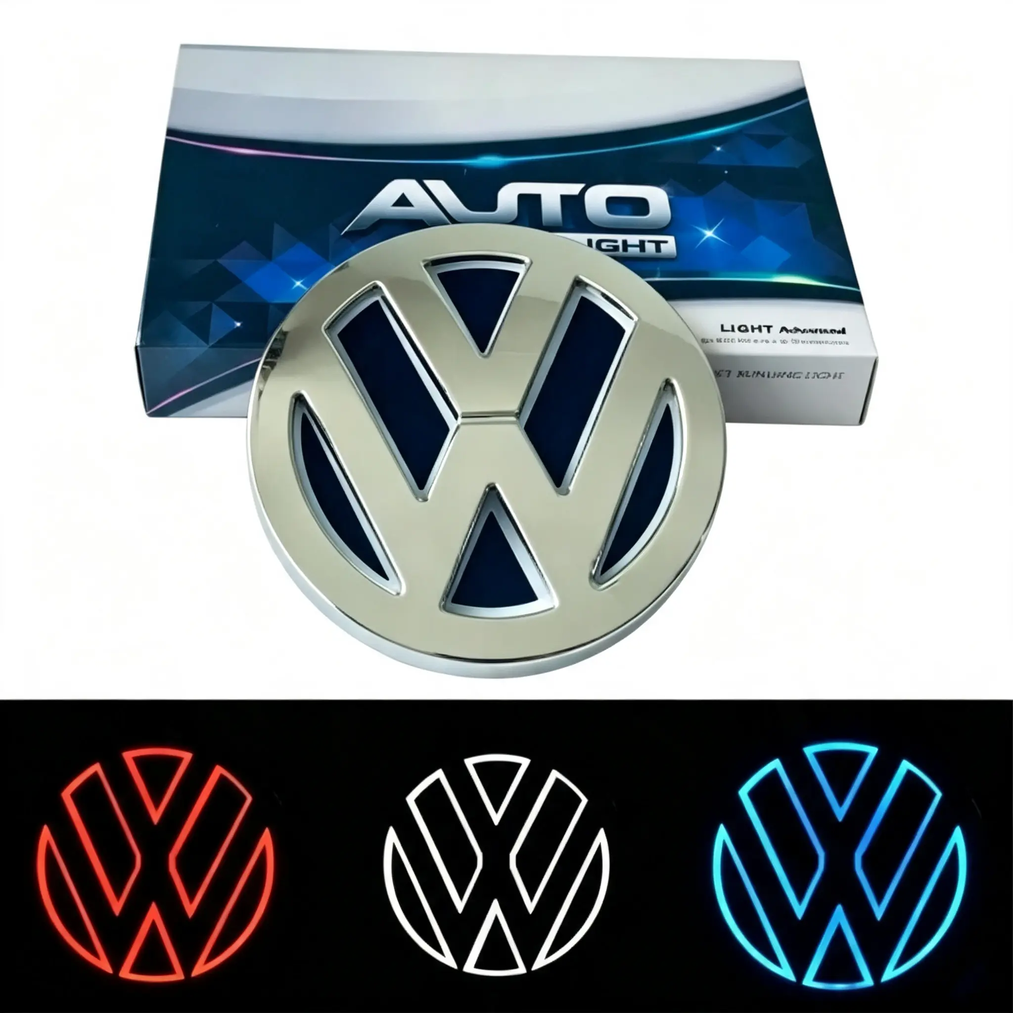 3‑Color Red/Blue/White LED Glow VW Car Emblem | Waterproof Plug‑and‑Play Light‑Up Logo Badge, Exterior Decor Accessory for Volkswagen Grille & Rear Modification