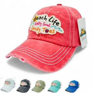 "Beach Life Salty Soul Sandy Toes" Baseball Cap-Local Artist Designed, Vintage, Distressed, Embroidered, 100% Cotton, UV Protection, Adjustable