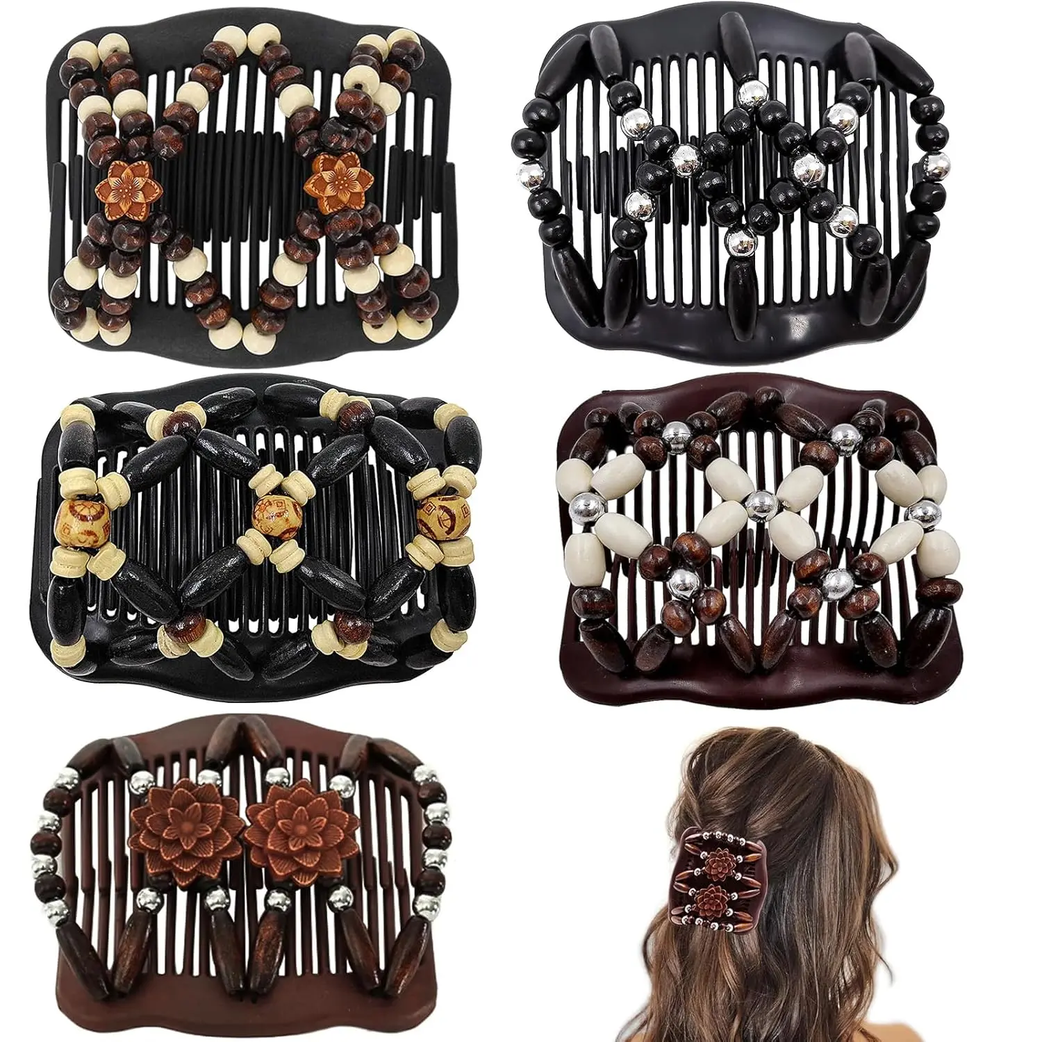 5 Pieces Stretchy Magic Hair Comb Adjustable Elastic Comb Hair Clip for Women Girls No Crease Hair Pins Vintage Hair Bun Maker Hair Accessories for Curly Thick Wavy Hair Ponytail, Mixed