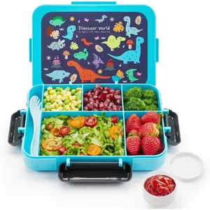Bento Lunch Box for Kids, 5 Compartments Leakproof Bento Box with Tableware & Sauce Box, Microwave & Dishwasher & Freezer Safe, BPA Free, 40OZ(Blue)