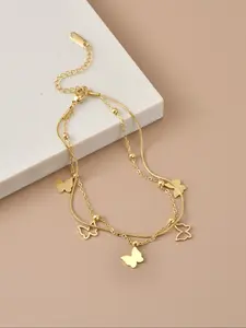 Women's Stainless Steel Anklet, Butterfly Design, Beads, Two-Layer Beach Foot Chain Jewelry Accessory