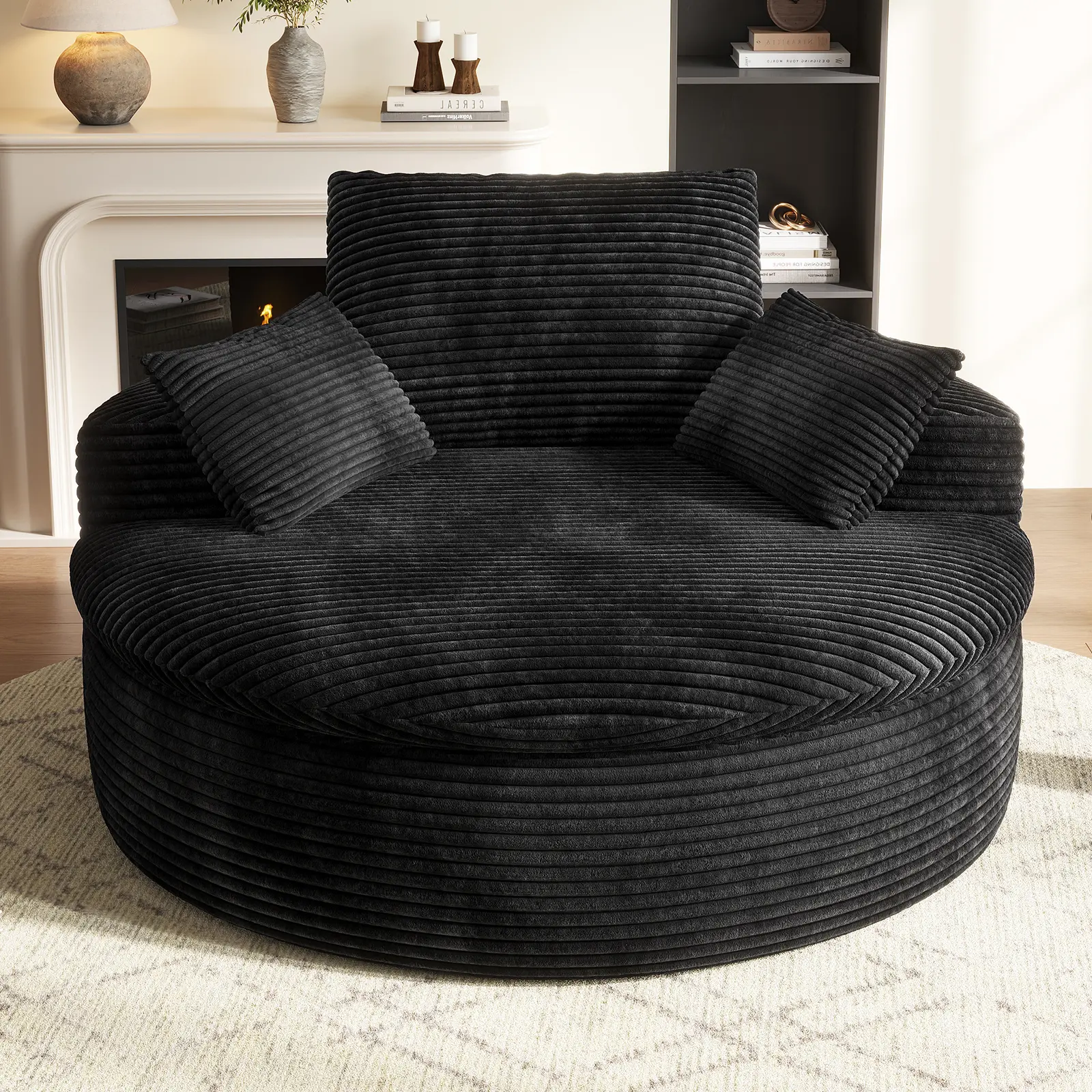 COPIAE 59" Oversized Round Corduroy Chaise Lounge Chair, Double-Layer Upholstered Cushion Sofa Bed with 2 Throw Pillows & Back Pillow for Living Room, No Assembly Required