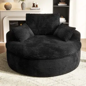 COPIAE 59" Oversized Round Corduroy Chaise Lounge Chair, Double-Layer Upholstered Cushion Sofa Bed with 2 Throw Pillows & Back Pillow for Living Room, No Assembly Required summervibes