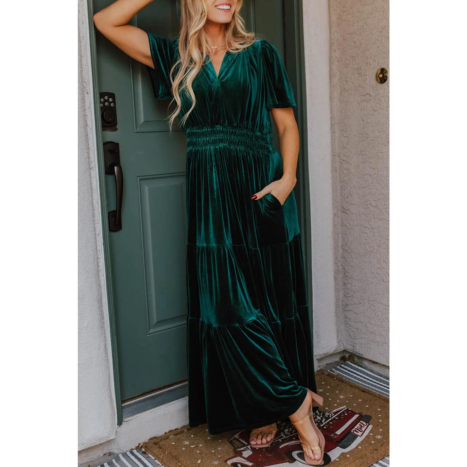 Evergreen Velvet Short Sleeve Shirred Waist Tiered Long Dress