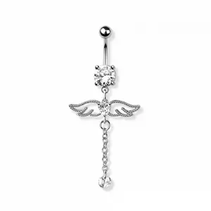 CZ Crystal Angel Wings with Dangling Chain Belly Button Ring - 316L Stainless Steel