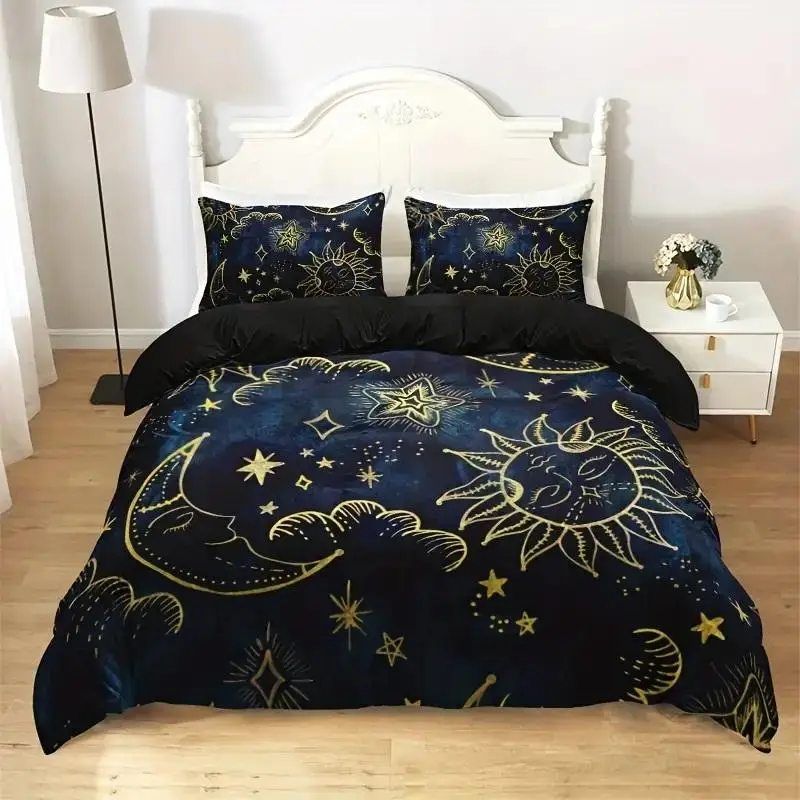 Sun, Moon and Star Pattern Bedding Set, Including 1 Count Duvet Cover & 1/2 Counts Pillowcase without Filler, Soft Comfortable Duvet Cover Set, Summer