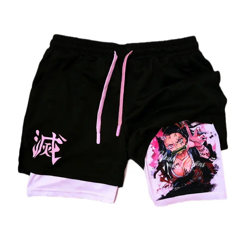 Anime Nezuko Demon Mode Inspired Design Tight Fitted Stretchy Compression Casual Sports Shorts - Double Layer Polyester Athletic Gym Training Fitness Shorts