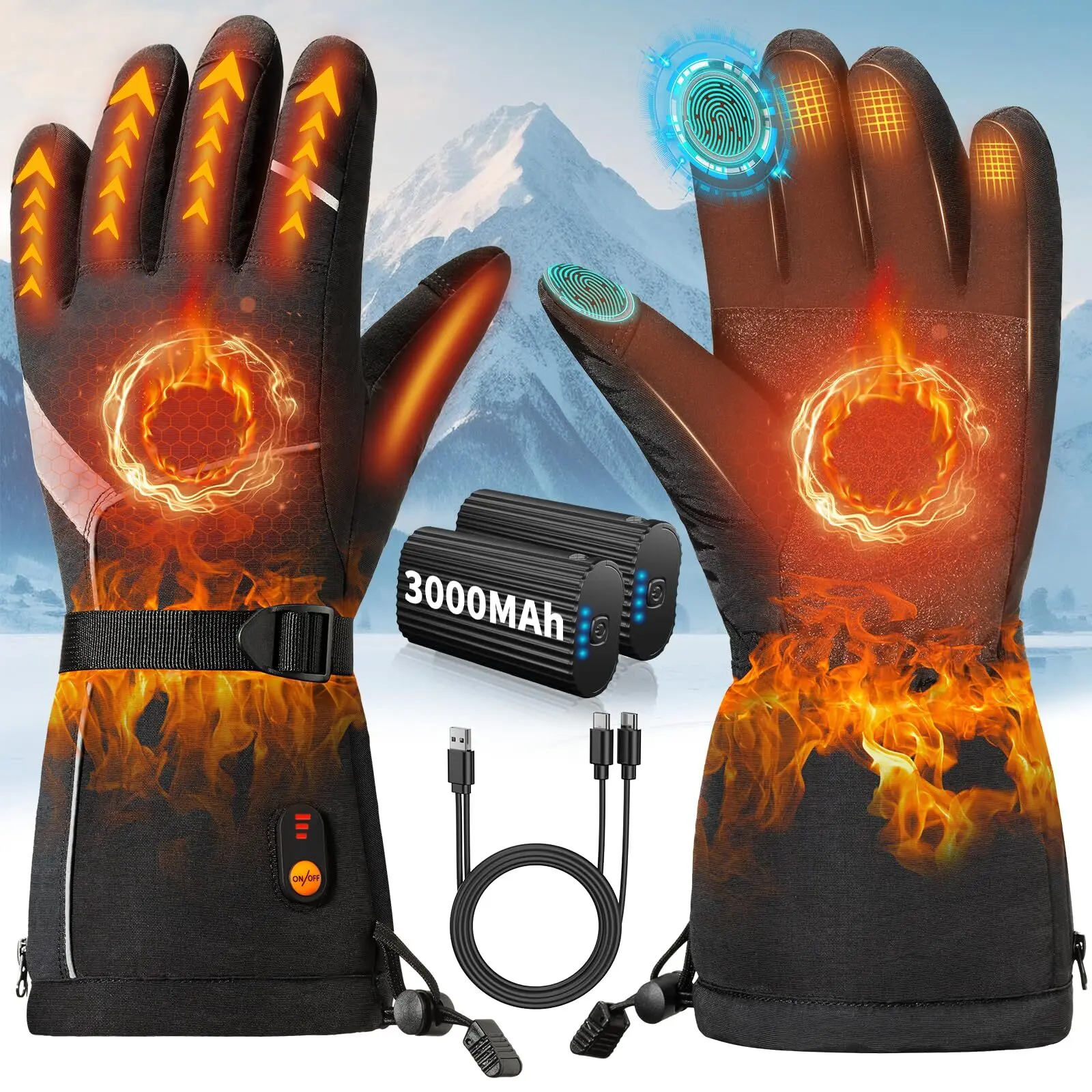 Heated Rechargeable Gloves - 3 Heat Settings, Touchscreen & Anti-Slip Design for Winter