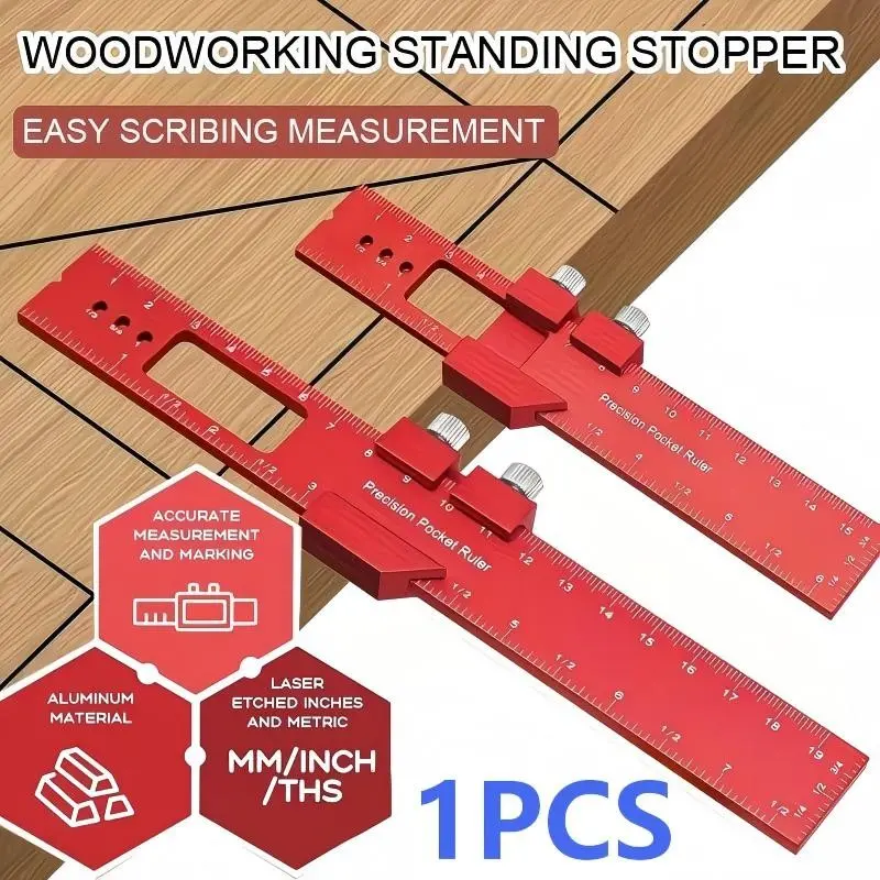 Professional Woodworking Precision Pocket Ruler Sliding Limiter, Aluminum T-Track Rule, 7.9"/11.8", Dual Imperial & Metric Measurement, Accurate Measurement, Measuring Ruler, Woodworking Measuring Tool