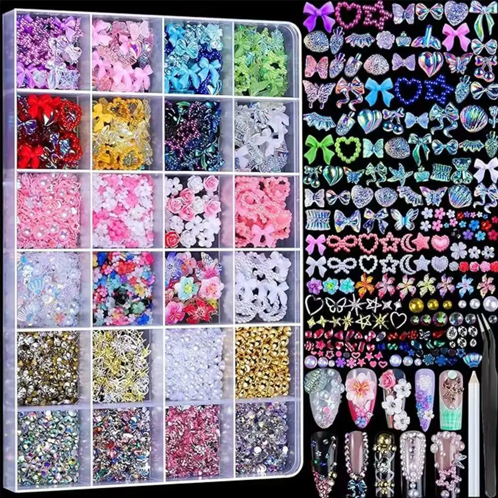 24-Grid Multiple Pieces Nail Charms Kit - Multi-Shape Gems, AB Rhinestones,  Y2K Charms, 3D Hawaii Flowers, Easily Apply Supplies, Artificial Art Accessories
