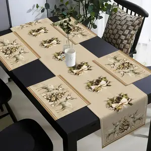 5-piece/7-piece retro Christmas table flag, placemat, Table runner set, deer and bow design, suitable for holiday and winter decoration, durable linen, all seasons indoor outdoor use, ideal gift (72 inch/35.5-inch table flag)