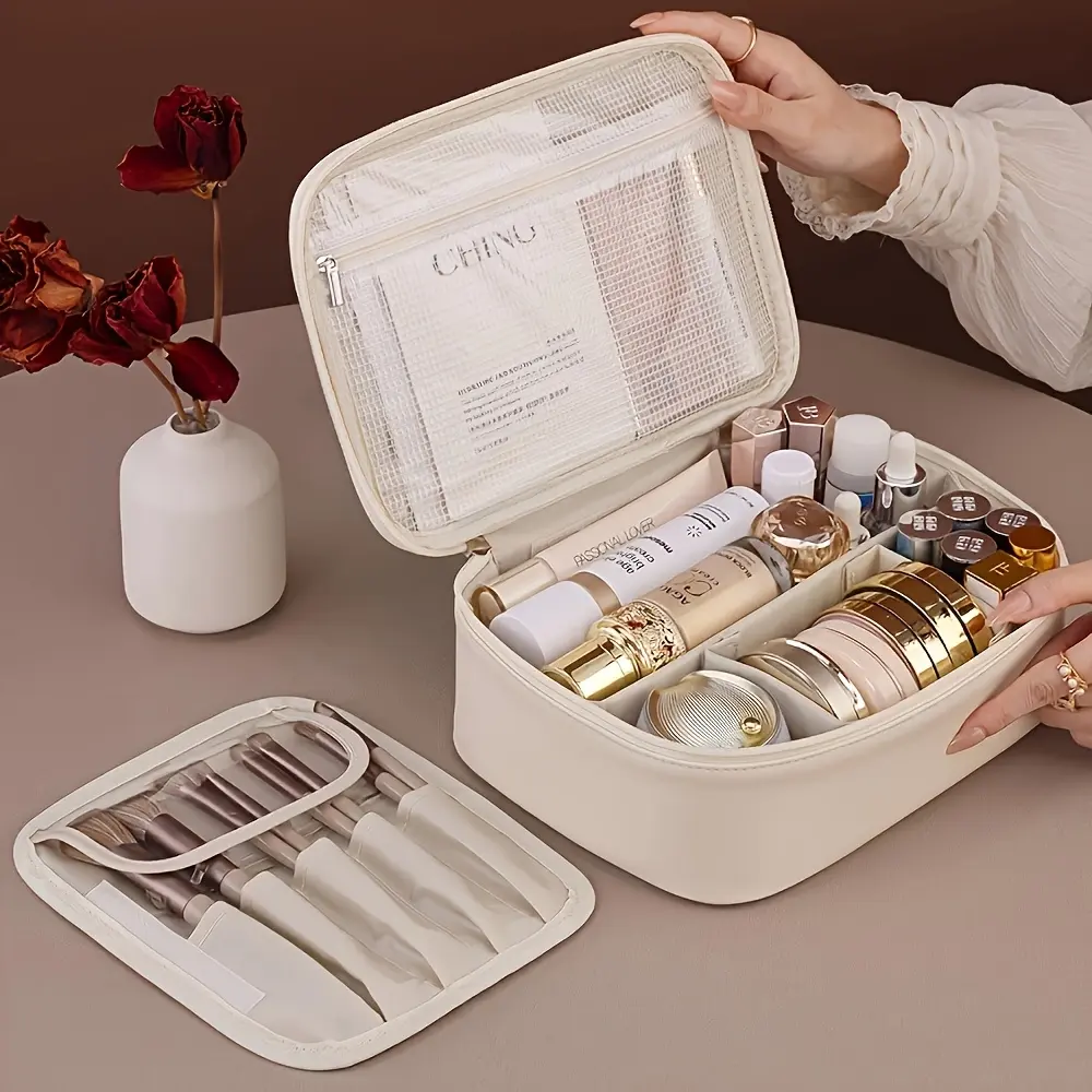 Quilted Makeup Organizer Pouch for Women, Multi-Compartment Travel Case with Detachable Sections and Brush Storage