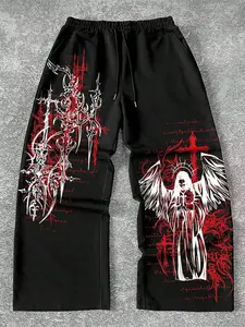 Fall outfits ,Men's Wide Leg Pants with Gothic Print, Perfect for Halloween, Rock Music Festivals & Gothic-Themed Parties