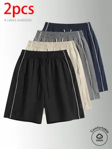 2-Pack  men’s summer shorts: loose straight-leg casual shorts, men’s sports shorts with double white stripes on the sides, elastic waistband with drawstring design. Loose straight-leg fit that suits various body types. Suitable for daily commuting, work