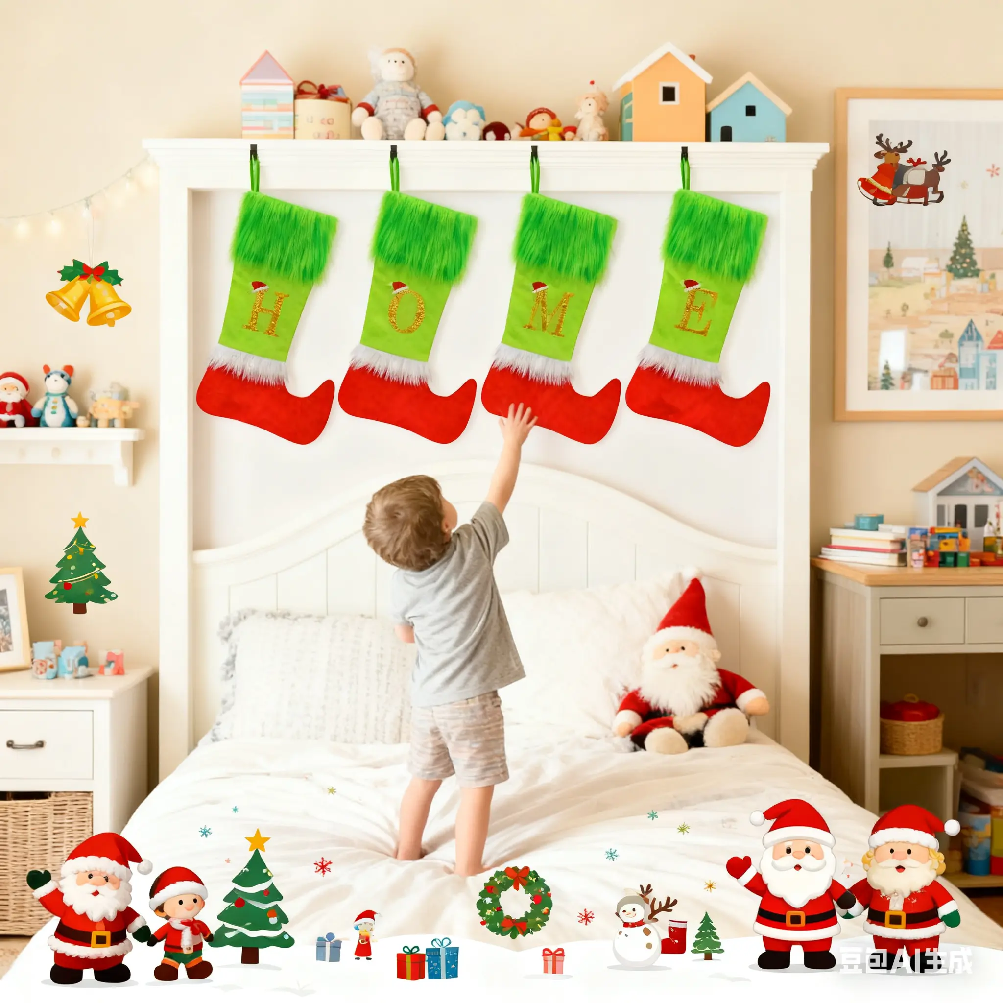 4-Pack 19-Inch Lime Green Faux Fur Christmas Elf Stockings, Party Decoration Supplies, Fireplace Hanging Treat & Candy Pouch Holder, Holiday Home Decor