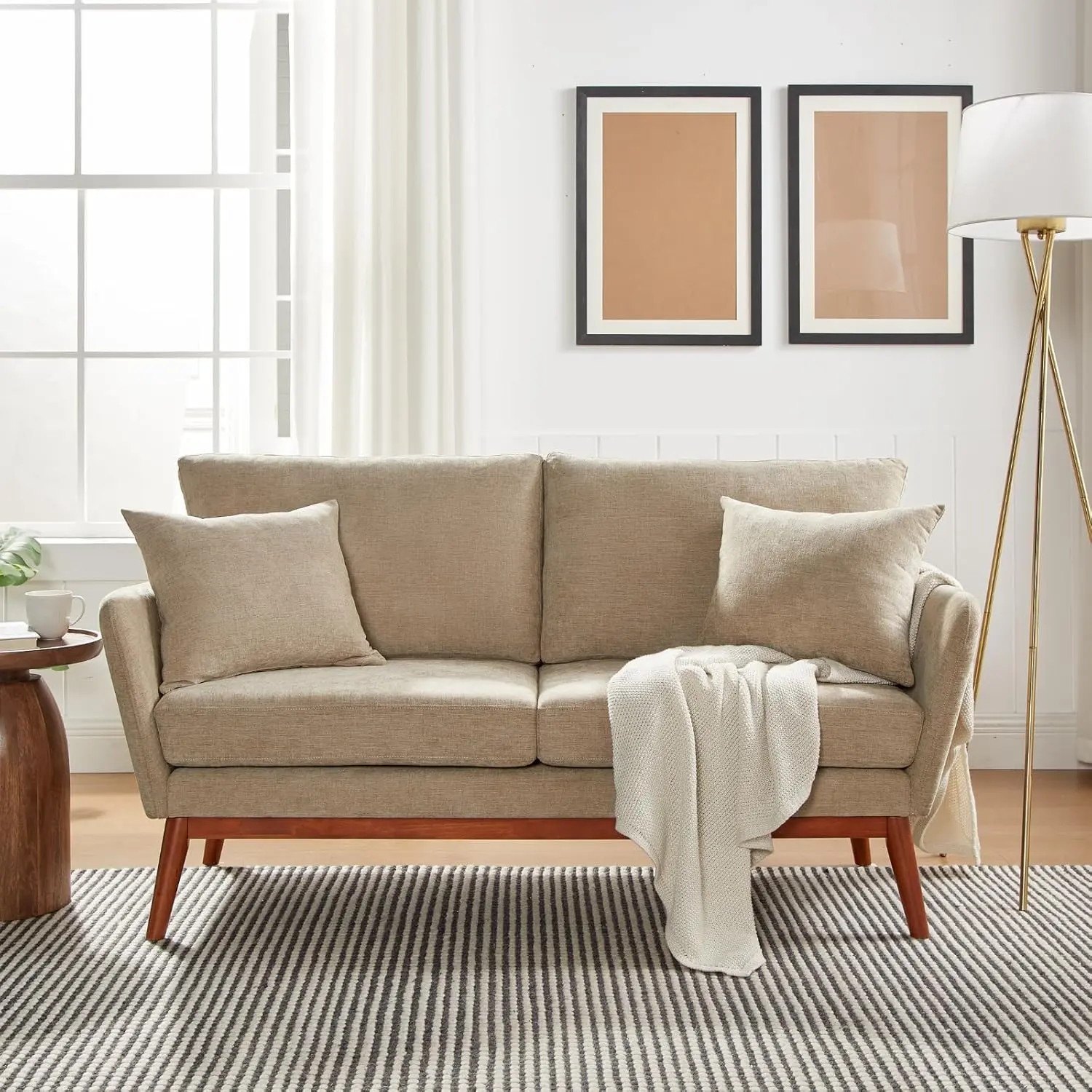 VINGLI 63.5" W Mid Century Small Love Seat Couch with Soild Wood Frame, 2 Seater Comfy Linen Fabric Loveseat Sofa, Small Couch with Two Pillows for Bedroom, Living Room, Small Spaces