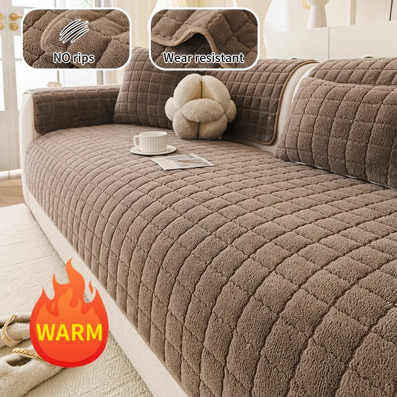 All-Season Casual Flannel Sofa Cushion, Warm and Comfortable, Anti-Slip and Durable, Pet-Friendly, Geometric Square Pattern, Home Living Room Decor, Sofa Slipcover, Soft Sofa Couch Protector