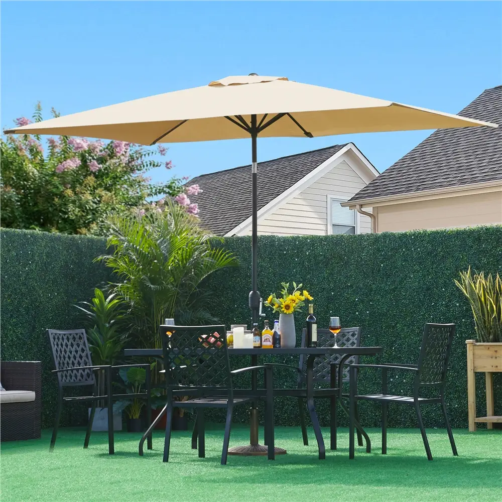 【Rectangle Solar LED Light Umbrella】Yaheetech 6.5x10FT Rectangular Patio Umbrella with Hand Crank Operation, Adjustable Canopy, 6 Sturdy Ribs, No Ligh