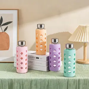 Mrsdry 4-Pack 18oz Reusable Glass Drinking Bottles - Compact, Drop-Resistant, BPA-Free, Leak-Proof Airtight Caps, Silicone Sleeves, Multiple Colors, Coldbrew Bottles for Juicing, Refrigerator, Gift Set, Drinking Bottle, Compact Water Bottles Drinkware Mug