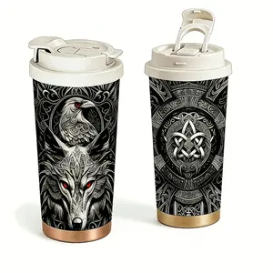 Insulated thermos cup 18 ounces, leak-proof sports cup with lid, stainless steel reusable coffee mug for hot and cold beverages, suitable for both men and women, featuring an eagle and wolf king pattern, a perfect Valentine's Day gift for men, 1-piece set