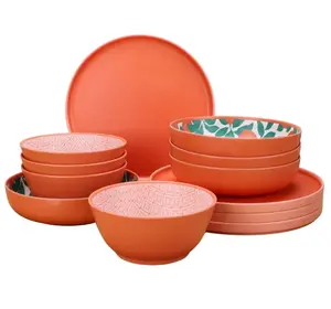 Bamboo Melamine 12-Piece Dinnerware Set, Orange & Green